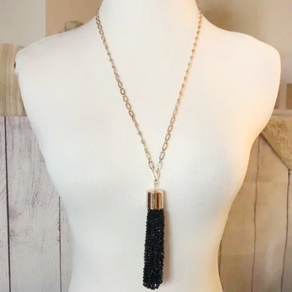 Sugarfix Black Beaded Tassel Statement Necklace